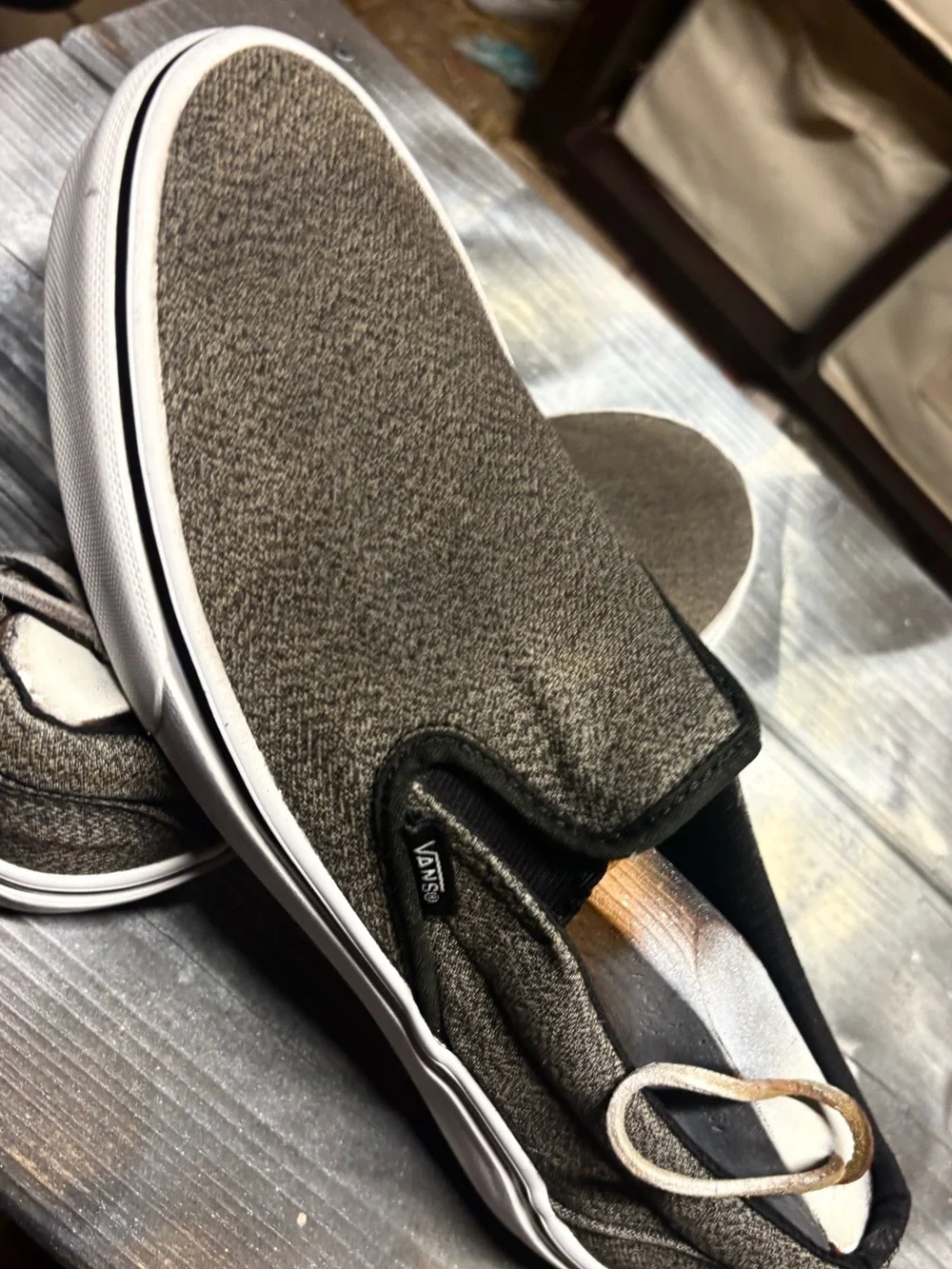 Vans Slip Ons Gray & black slip-on sneakers with textured fabric M9.5